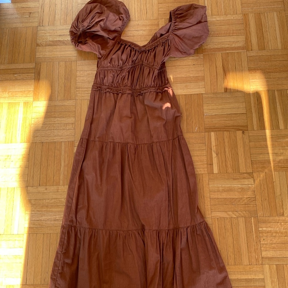 Rahi cotton poplin brown puff sleeve midi dress